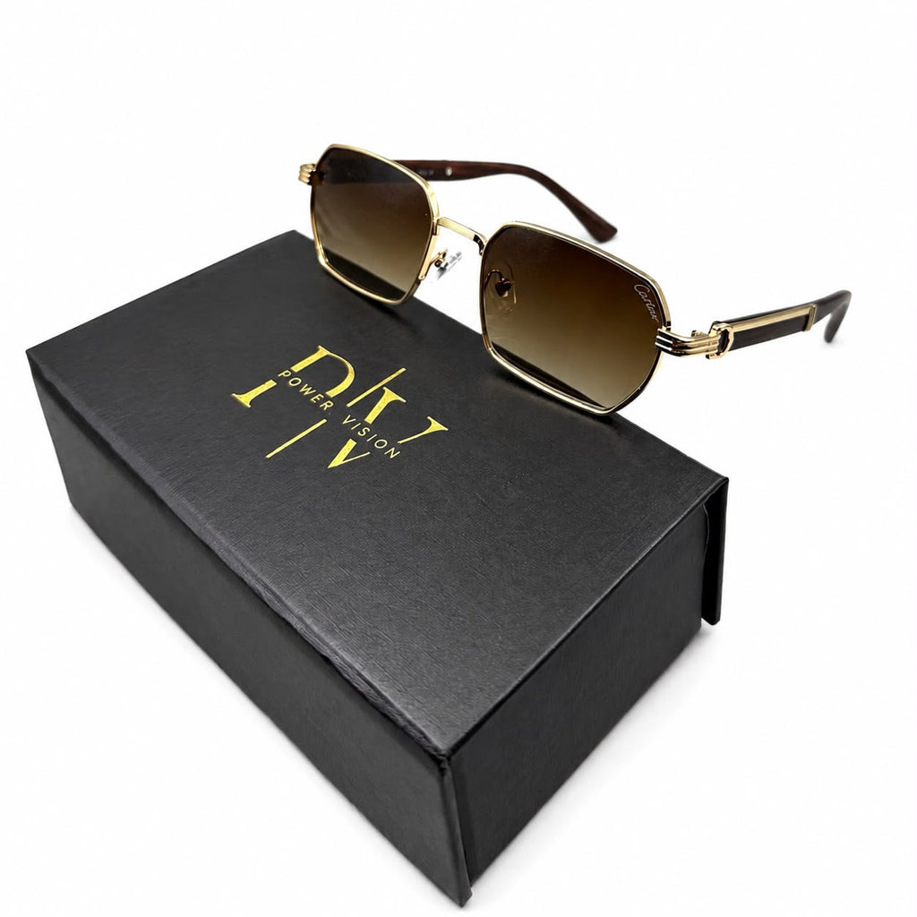 CR 23670 - SUNGLASS - CUT SQUARE - GOLDEN - WOOD TEMPLE - BROWN GRADIENT - PREMIUM