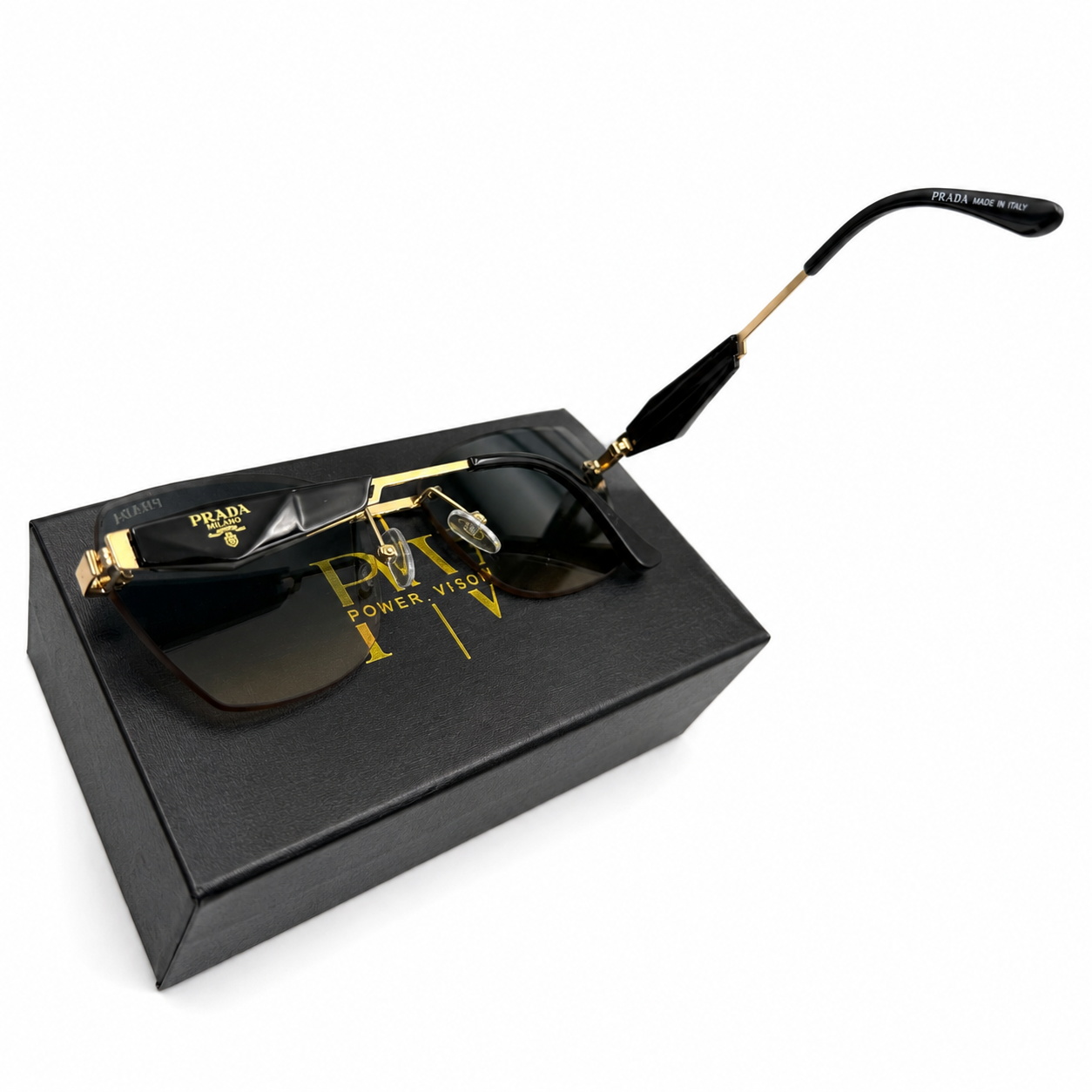 PR 98348 - GORGEOUS - RIMLESS - BUTTERFLY - GOLDEN - BLACK BRAND TEMPLES - SEA GREEN LENSES - PREMIUM
