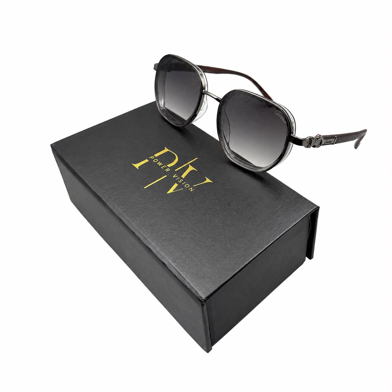 CR 23587 - SHADES - OCTAGON - GUN METALLIC GREY - BROWN WOODEN - BRANDING - PREMIUM