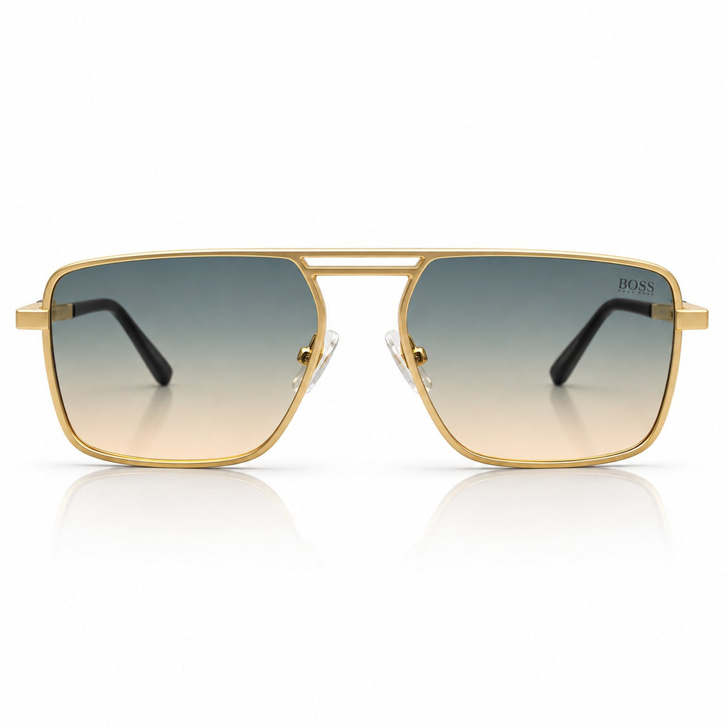 BOSS 98280 - FLAT TOP - DOUBLE BRIDGE SQUARE - MATTE GOLD + BLACK - SEA GREEN WARM LENSES