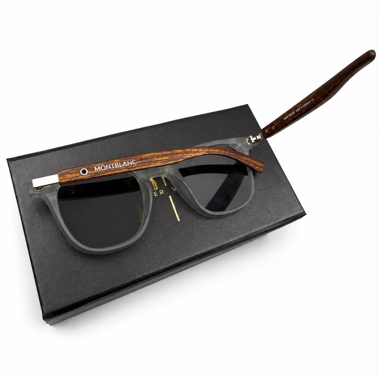 MB 5142 - SUNGLASS - ROUNDED SQUARE - MATTE GREY - WOOD TEMPLES - PREMIUM - QUALITY