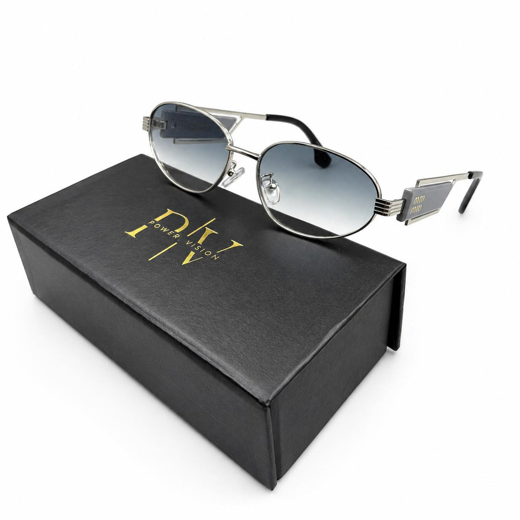 MIU MIU 2728 - DESIGNER - OVAL - SILVER - GREY TEMPLES - WATER BLUE LENSES - PREMIUM - WOMEN