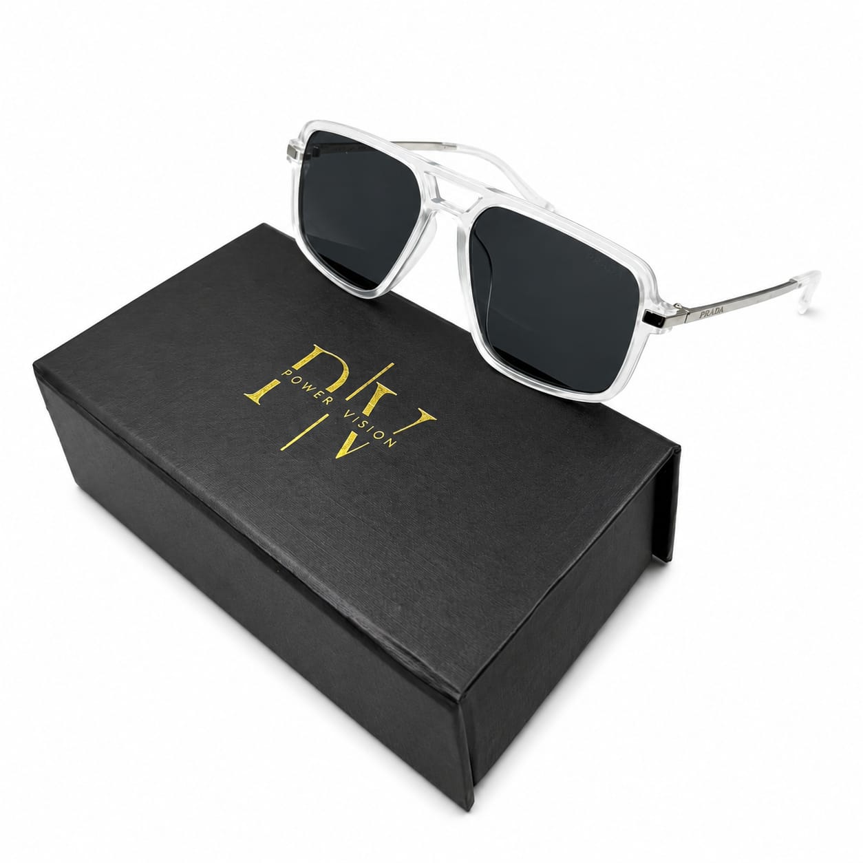 PR 70YS - SUNGLASS - DOUBLE BRIDGE - NAVIGATOR SQUARE - BLACK POLARISED - FROSTED WHITE - SILVER TEMPLE - QUALITY MATTERS
