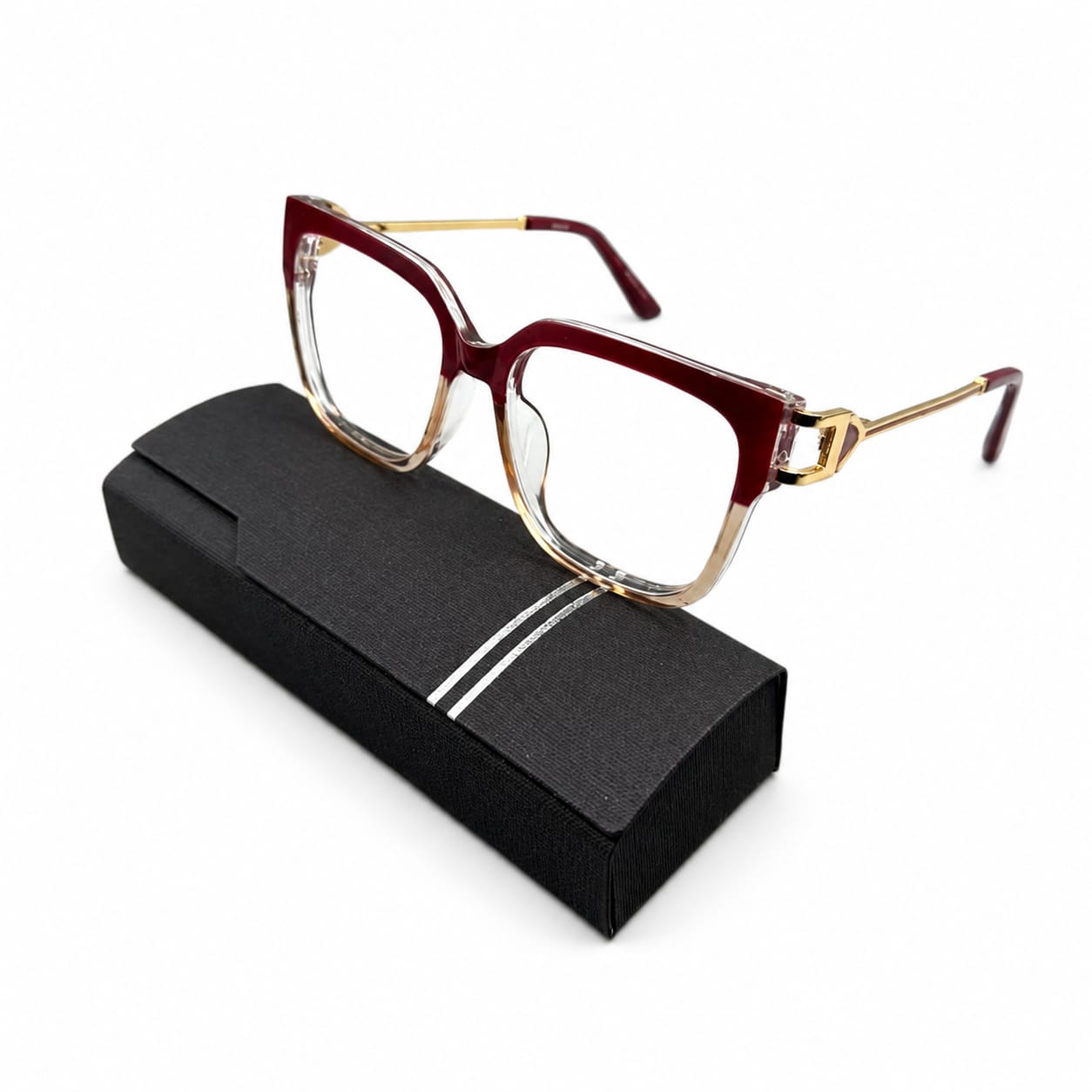 GORGEOUS 82113 - OVERSIZE SQUARE - BURGUNDY WINE + CHAMPAGNE + GOLDEN SPRING TEMPLES - PREMIUM
