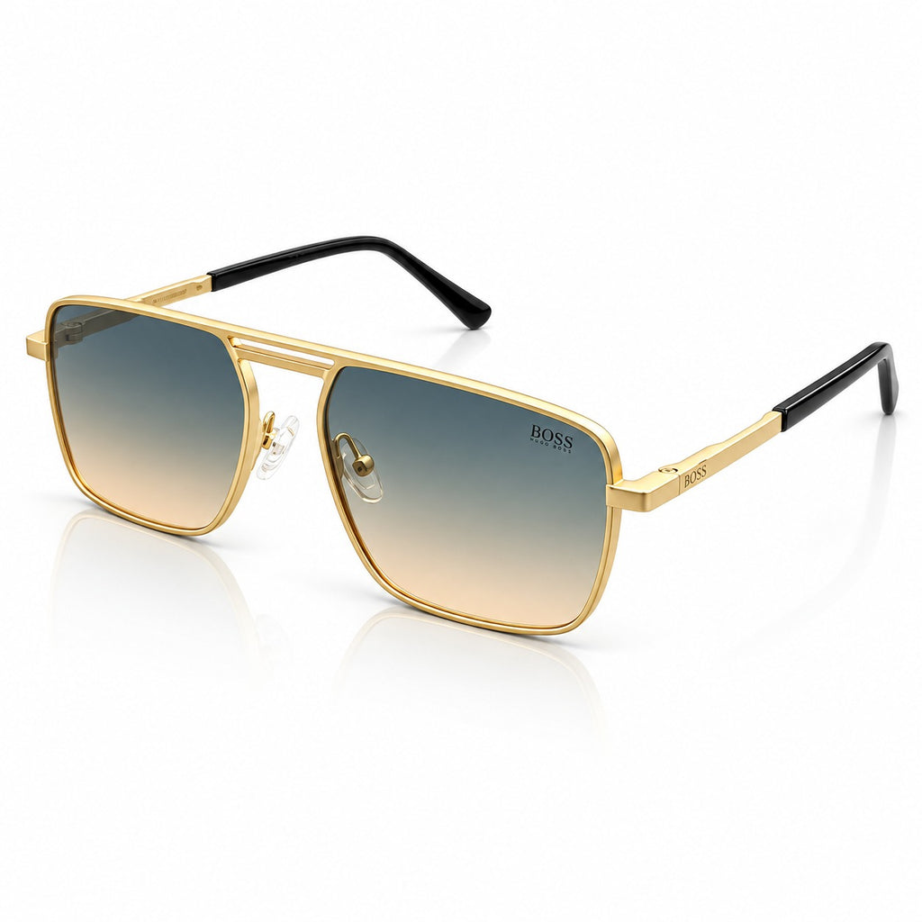 BOSS 98280 - FLAT TOP - DOUBLE BRIDGE SQUARE - MATTE GOLD + BLACK - SEA GREEN WARM LENSES