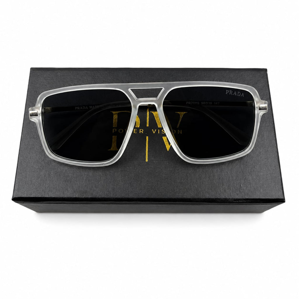 PR 70YS - SUNGLASS - DOUBLE BRIDGE - NAVIGATOR SQUARE - BLACK POLARISED - FROSTED WHITE - SILVER TEMPLE - QUALITY MATTERS