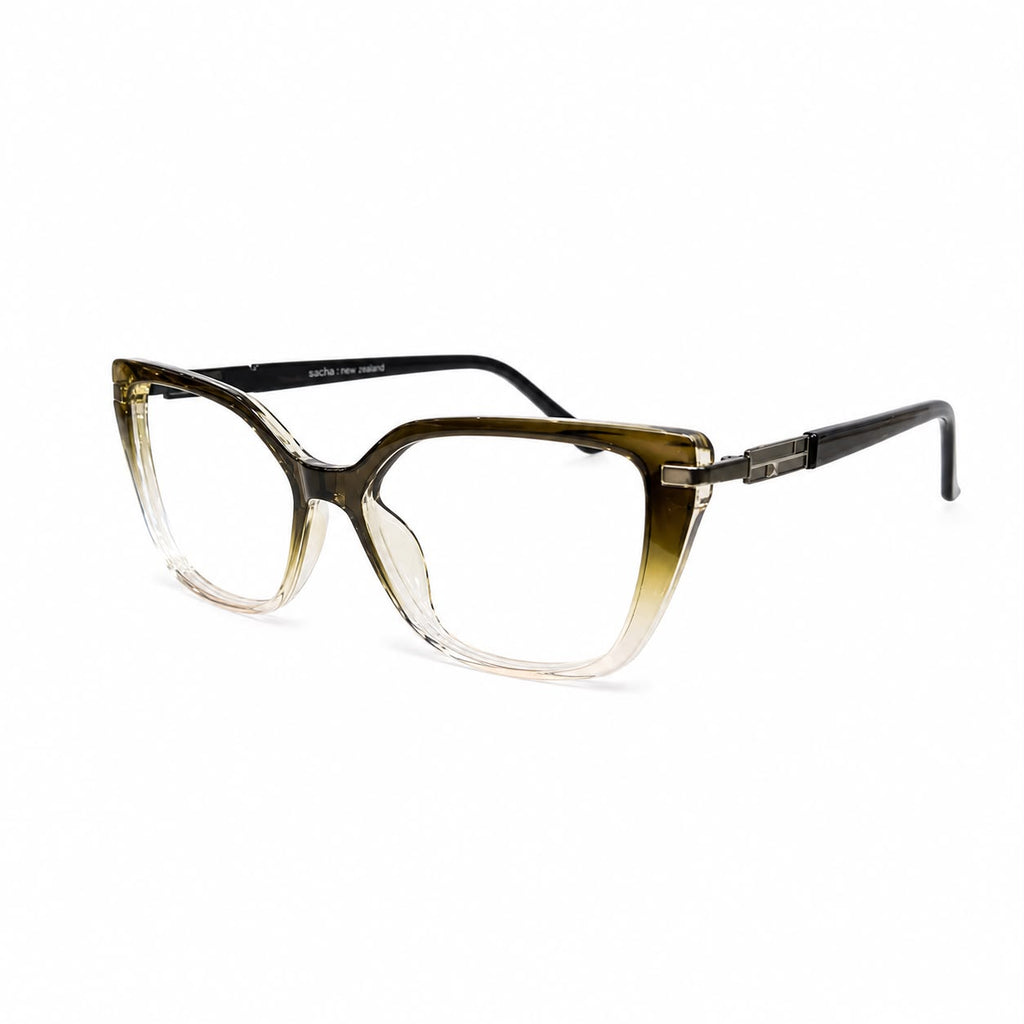 EYEGLASS 2003 - LADIES - CATEYE - OLIVE GREEN - TRANSPARENT - SPRING HINGES - DESIGNER