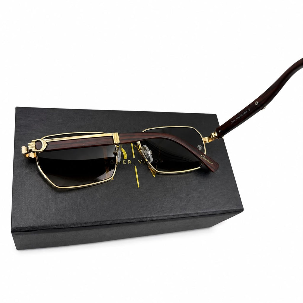 CR 23670 - SUNGLASS - CUT SQUARE - GOLDEN - WOOD TEMPLE - BROWN GRADIENT - PREMIUM