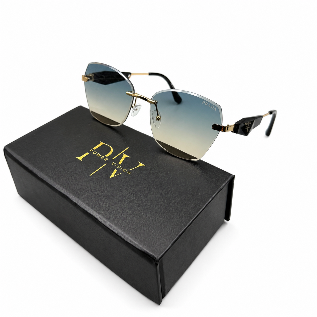 PR 98348 - GORGEOUS - RIMLESS - BUTTERFLY - GOLDEN - BLACK BRAND TEMPLES - SEA GREEN LENSES - PREMIUM